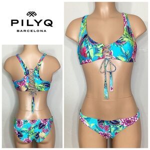 New. Pilyq floral lace up bikini set.